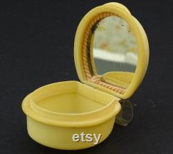 Small White Vintage Bakelite Powder Box with Mirror, Mini Retro Make Up Container Beige Color, Handbag Vanity Compact Accessory from France