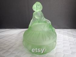 Smith Glass Green Frosted Victorian Lady Powder Jar with Lid