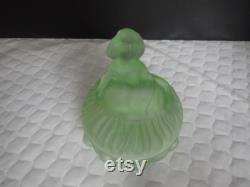 Smith Glass Green Frosted Victorian Lady Powder Jar with Lid