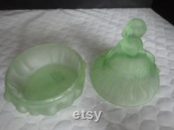 Smith Glass Green Frosted Victorian Lady Powder Jar with Lid