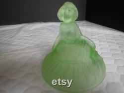 Smith Glass Green Frosted Victorian Lady Powder Jar with Lid