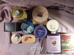 Sparkle powder and vintage talc. Boudoir. Lot of nine makeup items from 40 50s.