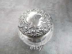 Sterling Silver Crystal Vanity Jar, Antique Repousse Shell Monogram Décor Cut Glass Powder Box, 1800s Whiting Aesthetic