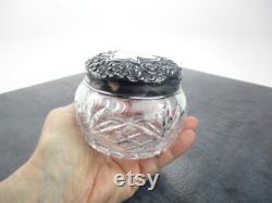 Sterling Silver Crystal Vanity Jar, Antique Repousse Shell Monogram Décor Cut Glass Powder Box, 1800s Whiting Aesthetic
