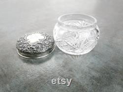 Sterling Silver Crystal Vanity Jar, Antique Repousse Shell Monogram Décor Cut Glass Powder Box, 1800s Whiting Aesthetic