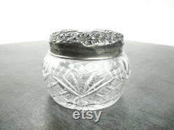 Sterling Silver Crystal Vanity Jar, Antique Repousse Shell Monogram Décor Cut Glass Powder Box, 1800s Whiting Aesthetic