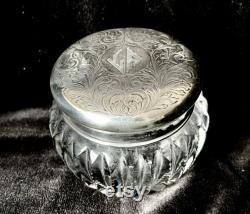 Sterling Silver Engraved Top Powder Dresser Vanity Jar Antique