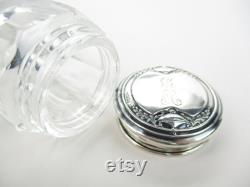 Sterling Silver Glass Vanity Jar, Embossed Urn and Foliate Decor with Engraved Monogram Antique 1910s Cream or Rouge Pot Box
