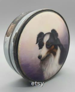 Sterling Silver and Guilloche Enameled Border Collie Portrait Compact Box