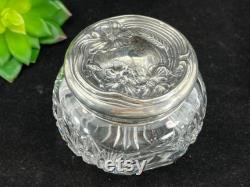 Sterling Vanity Jar Ornate Silver Repousse Lid, Cut Glass, Art Nouveau Poppy Flowers