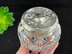 Sterling Vanity Jar Ornate Silver Repousse Lid, Cut Glass, Art Nouveau Poppy Flowers