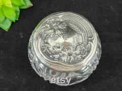 Sterling Vanity Jar Ornate Silver Repousse Lid, Cut Glass, Art Nouveau Poppy Flowers