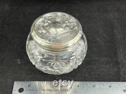 Sterling Vanity Jar Ornate Silver Repousse Lid, Cut Glass, Art Nouveau Poppy Flowers