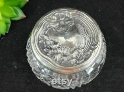 Sterling Vanity Jar Ornate Silver Repousse Lid, Cut Glass, Art Nouveau Poppy Flowers