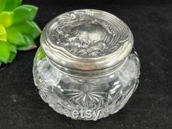 Sterling Vanity Jar Ornate Silver Repousse Lid, Cut Glass, Art Nouveau Poppy Flowers