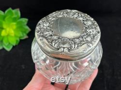 Sterling Vanity Jar Ornate Silver Repousse Lid, Glass, Monogram, Art Nouveau Flowers