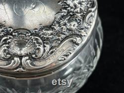 Sterling Vanity Jar Ornate Silver Repousse Lid, Glass, Monogram, Art Nouveau Flowers