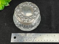 Sterling Vanity Jar Ornate Silver Repousse Lid, Glass, Monogram, Art Nouveau Flowers