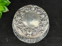 Sterling Vanity Jar Ornate Silver Repousse Lid, Glass, Monogram, Art Nouveau Flowers