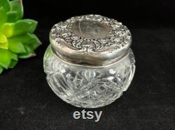 Sterling Vanity Jar Ornate Silver Repousse Lid, Glass, Monogram, Art Nouveau Flowers