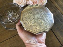 Stunning Antique Victorian Powder Box Crystal Bowl Bottom with Sterling Silver Lid Gorgeous Detailed Lid with Monogram