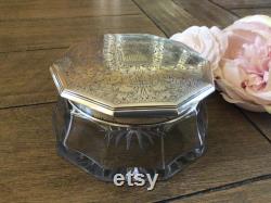 Stunning Antique Victorian Powder Box Crystal Bowl Bottom with Sterling Silver Lid Gorgeous Detailed Lid with Monogram