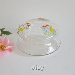 Sweetest Florals Vintage Etched Glass Dish with Lid Vanity Powder Box
