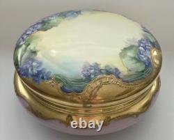 T&V Limoges France Powder Jewelry Dresser Box Lid flowers purple Gold 7 Violets