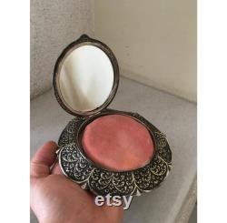 Table Powder Case. Vintage Aluminum Bronze Vanity Mirror Box. Women's Dressing Table Ornament. Metal Talc Box.