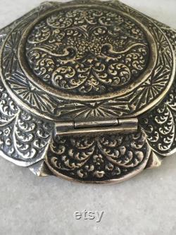 Table Powder Case. Vintage Aluminum Bronze Vanity Mirror Box. Women's Dressing Table Ornament. Metal Talc Box.