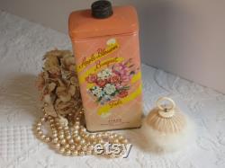 Talcum Powder Tin Apple Blossom Bouquet Talc Bunch Of Flowers on Pink Vintage c.1940s Bathroom Vanity Boudoir Decor