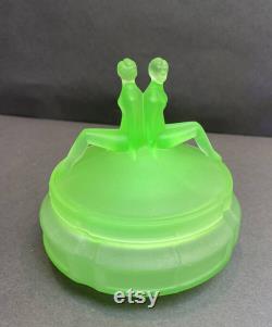 The Twins Powder Jar Uranium Glass L. E. Smith 1930's Art Deco Green Satin Glows