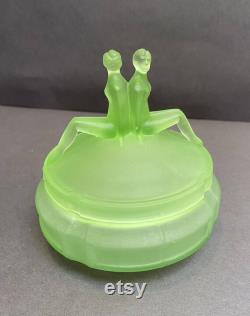 The Twins Powder Jar Uranium Glass L. E. Smith 1930's Art Deco Green Satin Glows