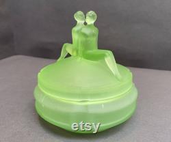 The Twins Powder Jar Uranium Glass L. E. Smith 1930's Art Deco Green Satin Glows