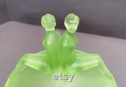 The Twins Powder Jar Uranium Glass L. E. Smith 1930's Art Deco Green Satin Glows