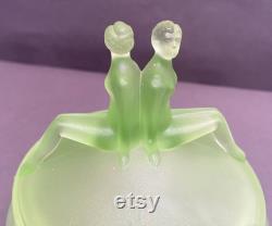 The Twins Powder Jar Uranium Glass L. E. Smith 1930's Art Deco Green Satin Glows