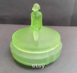 The Twins Powder Jar Uranium Glass L. E. Smith 1930's Art Deco Green Satin Glows