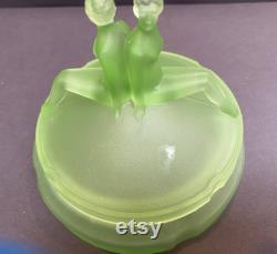 The Twins Powder Jar Uranium Glass L. E. Smith 1930's Art Deco Green Satin Glows