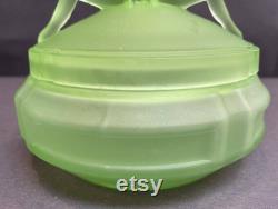 The Twins Powder Jar Uranium Glass L. E. Smith 1930's Art Deco Green Satin Glows