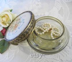 Tinted Glass Powder Bowl with Petit Point Embroidered Lid, Dressing Table Vanities, Trinket Bowl