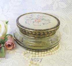 Tinted Glass Powder Bowl with Petit Point Embroidered Lid, Dressing Table Vanities, Trinket Bowl