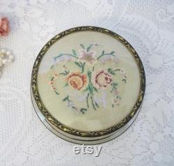 Tinted Glass Powder Bowl with Petit Point Embroidered Lid, Dressing Table Vanities, Trinket Bowl