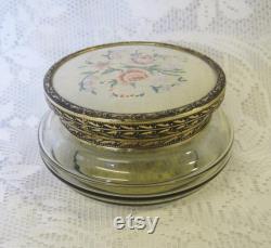 Tinted Glass Powder Bowl with Petit Point Embroidered Lid, Dressing Table Vanities, Trinket Bowl