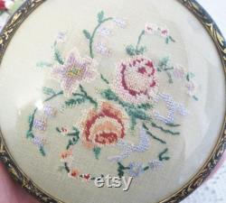 Tinted Glass Powder Bowl with Petit Point Embroidered Lid, Dressing Table Vanities, Trinket Bowl