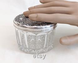 Towle sterling mirrored inner lid, pressed glass powder jar 2 1 4 H x 3 1 4 W inches