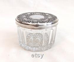 Towle sterling mirrored inner lid, pressed glass powder jar 2 1 4 H x 3 1 4 W inches