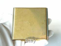 True Vintage Art Deco Gemmed Brass POWDER BOX with SAPPHIRE Gemstones France Vintage Compact Retro Fashion Cosmetics Collectibles