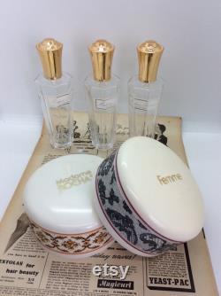 Two Vintage Madam Rochas Dusting Powder Bowls with Original puffs and 3 Perfume bottles