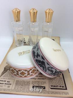 Two Vintage Madam Rochas Dusting Powder Bowls with Original puffs and 3 Perfume bottles