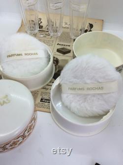 Two Vintage Madam Rochas Dusting Powder Bowls with Original puffs and 3 Perfume bottles